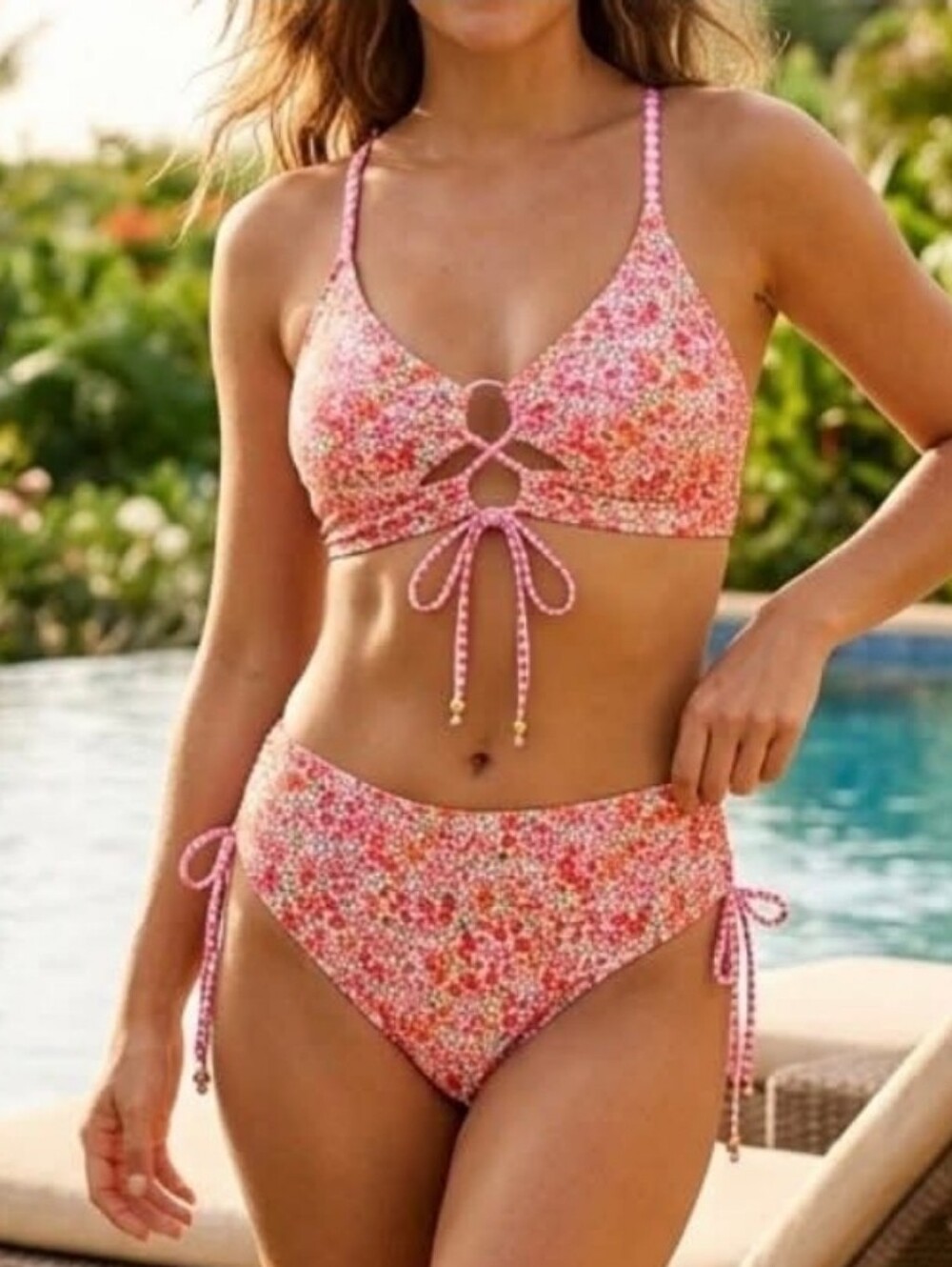 Ditsy Floral Pink High-Waist Lace-Up Bikini Set
